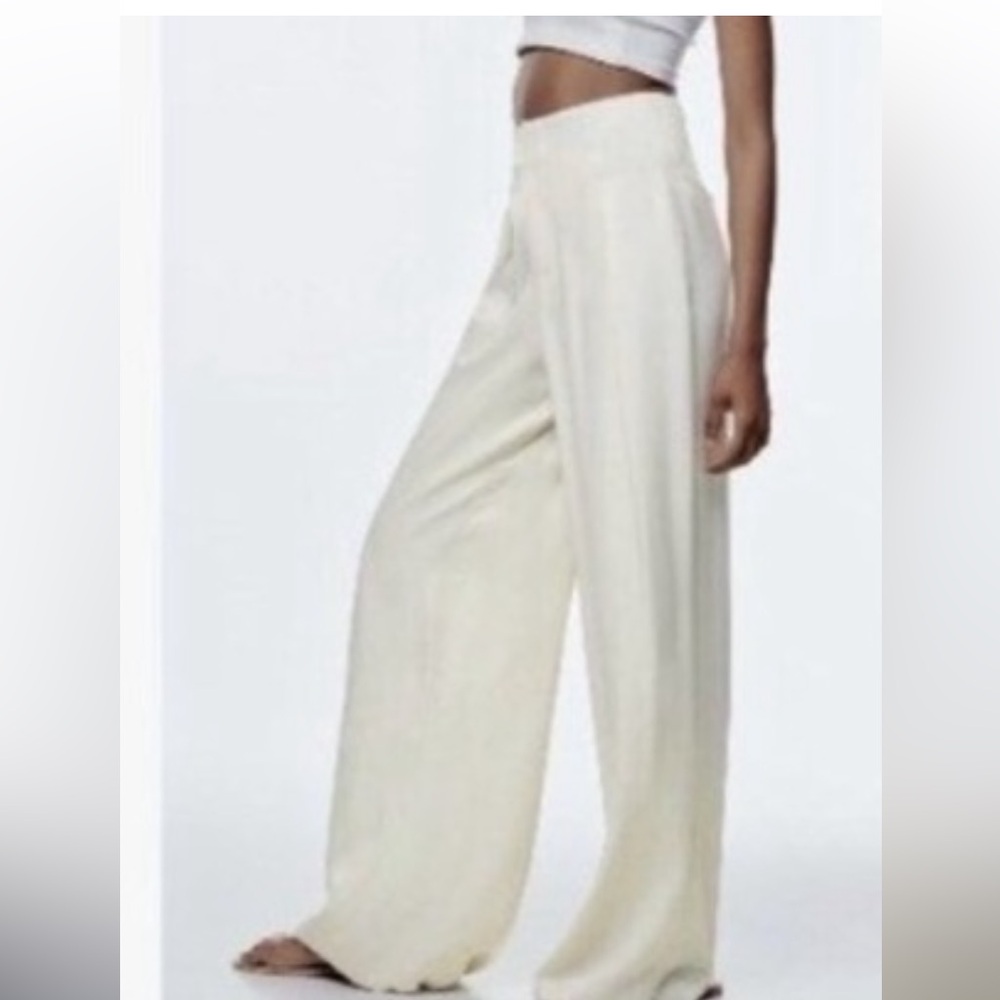 COPY Zara Cream Silky Ivory Wide-Leg High Waist Dress Trouser Pants NWOT M $69